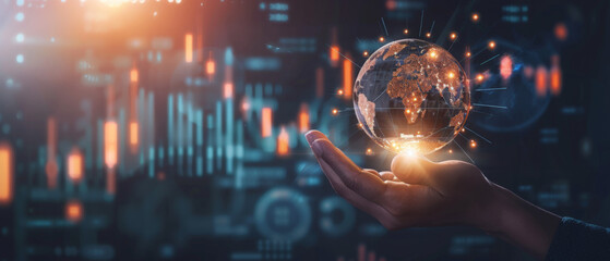 Award Winning Stock A hand holding a glowing globe with digital cryptocurrency symbols orbiting around it, set against a backdrop of financial charts and urban silhouettes, showcas