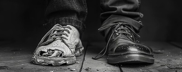 A beggars wornout shoes beside a rich mans polished ones, realistic, monochrome, digital art, highlighting socioeconomic contrast