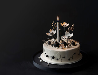 Minimalist birthday cake. First anniversary. Clean black background.