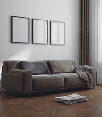 Contemporary neutral colors minimalist interior, home mockup , 3d render