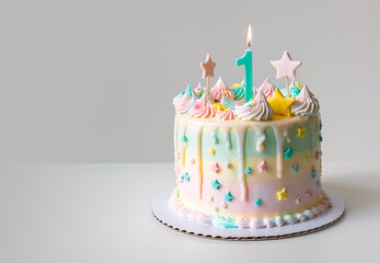 First anniversary. Birtday cake. Pastel colors. Clean empty background.