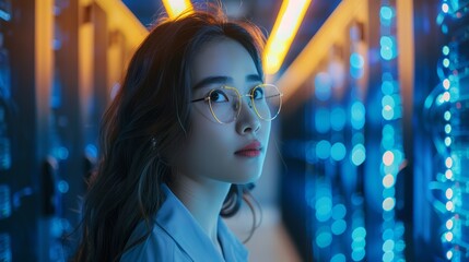 Female IT professional in data center adjusting a server, cold fluorescent lighting, background filled with server racks, focused calm expression