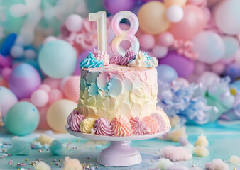 eighteen anniversary. Birtday cake. Pastel colors. Clean empty background.