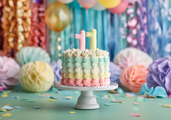 Eleven anniversary. Birtday cake. Pastel colors. Clean empty background.