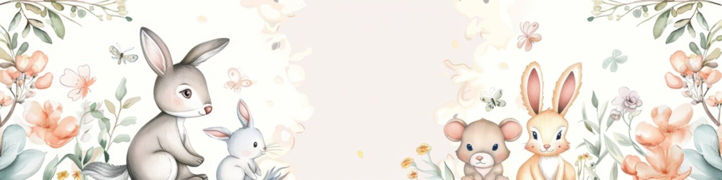 Fototapeta A charming birthday invitation card design featuring soft pastel colors and adorable drawings of baby animals 