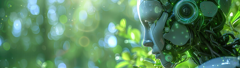 Fototapeta premium 3D cartoon representation of engineering eco-friendly solutions using AI, featuring modern technology and green innovations with available copy space.