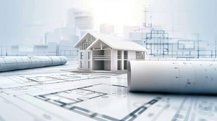 Detailed architectural blueprints featuring the soft silhouette of a house model in the background, symbolizing precise design and meticulous planning.