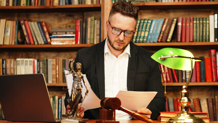 Justice and law concept. Judge or lawyer in a courtroom working in an office. Legal law, advice and...