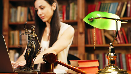 Justice and law concept. Judge or lawyer in a courtroom working in an office. Legal law, advice and justice concept.