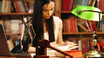 A lawyer works with contract documents together with Fimida in the courtroom. Justice and law, lawyer, judge, concept.