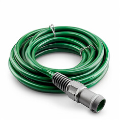 Coiled green garden hose with metal nozzle, ideal for watering plants and outdoor cleaning tasks. Durable and flexible design.
