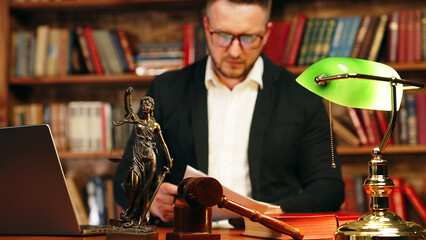 A lawyer works with contract documents together with Fimida in the courtroom. Justice and law, lawyer, judge, concept.