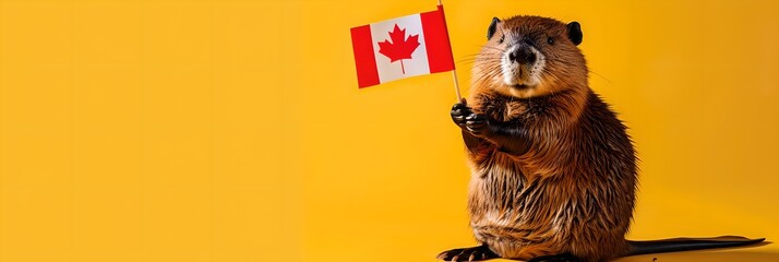 Beaver holding Canadian flag on yellow background with copy space. Canada Day holiday. National celebration and patriotism concept. Banner, header. Studio portrait