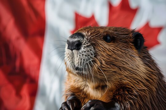 Close-up of beaver against Canadian flag. Canada Day holiday. National celebration and patriotism concept. Banner, background. Studio portrait
