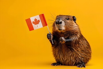 Beaver holding Canadian flag on yellow background. Canada Day holiday. National celebration and patriotism concept. Banner, background. Studio portrait. 