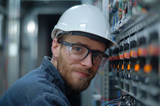 A man wearing a hard hat and safety glasses is working on electrical equipment