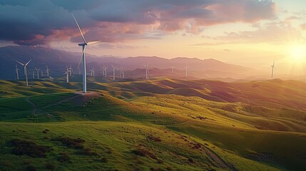 A large field of wind turbines is visible in the sky