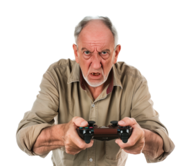 Angry Old Man Holding a Controller Playing Game Isolated on Transparent Background
