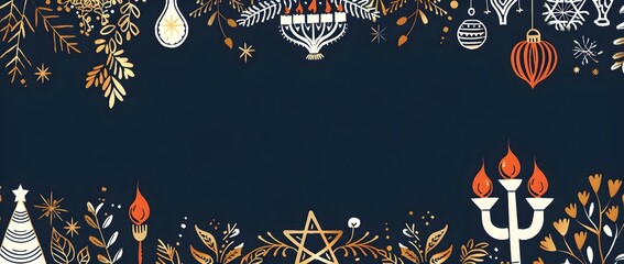 Elegant Hanukkah Holiday Background with Abstract Menorah Dreidel and Star of David Designs in Navy Gold and White Color Palette