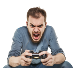 Angry Man Holding a Game Console Controller Playing Game Isolated on Transparent Background
