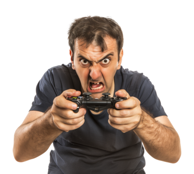 Angry Gamer Man Holding a Game Console Controller Playing Game Isolated on Transparent Background
