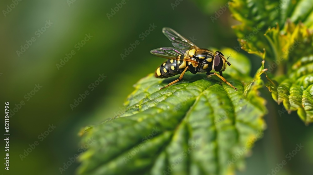 Poster hoverfly resting on a leaf, looking like a small bee with its striped body.