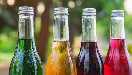Colorful carbonated drinks in glass bottles with condensation drops. Delicious beverage.