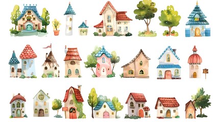 Obraz premium Enchanting Collection of Miniature Fairytale Cottages and Storybook Homes in a Whimsical Watercolor