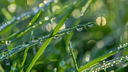 Glistening Dewdrops: A Close-Up of Lush Grass With Water Droplets