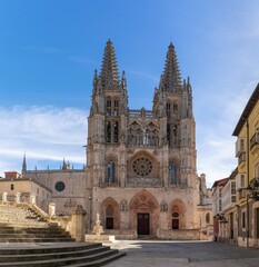 view of the French Gothic landmark Cathedral of Saint Mary in downtown Burgos
