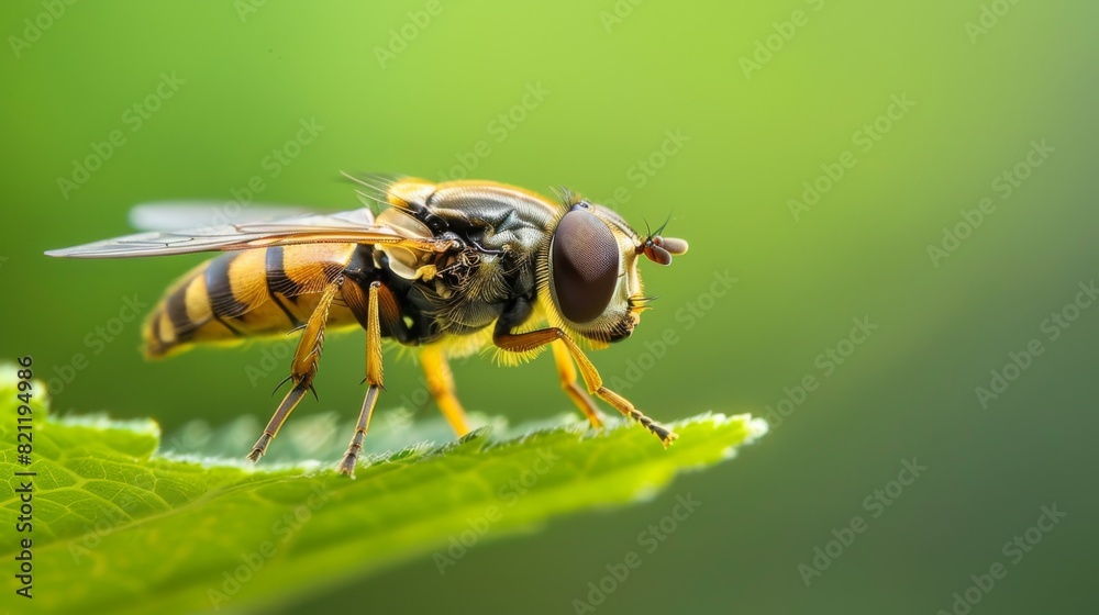 Poster hoverfly resting on a leaf, looking like a small bee with its striped body.