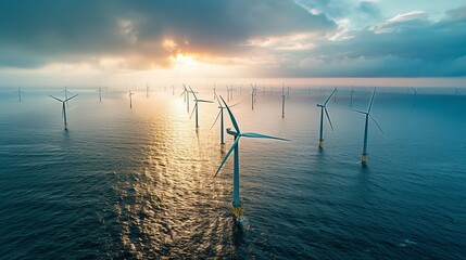 A large number of wind turbines are in the water