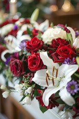 A lovely dark wood coffin adorned with roses, lilies, and carnations creates a lush display. Shot up close, the image captures intricate details, enhanced by soft, diffused light for a warm atmosphere