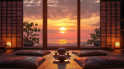 tea ceremony overlooking sunset or sunrise landscape
