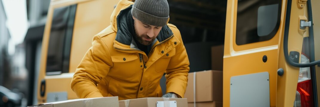 A delivery man in a yellow jacket organizes packages in a delivery van, ensuring timely distribution