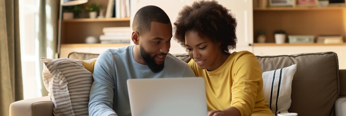 A happy young couple is engaged in browsing the internet on a laptop while sitting comfortably on a sofa at home