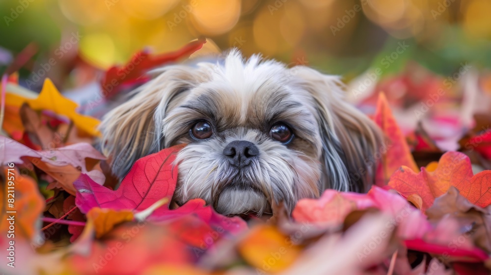 Poster inquisitive shih tzu puppy peering out from behind a pile of colorful leaves.