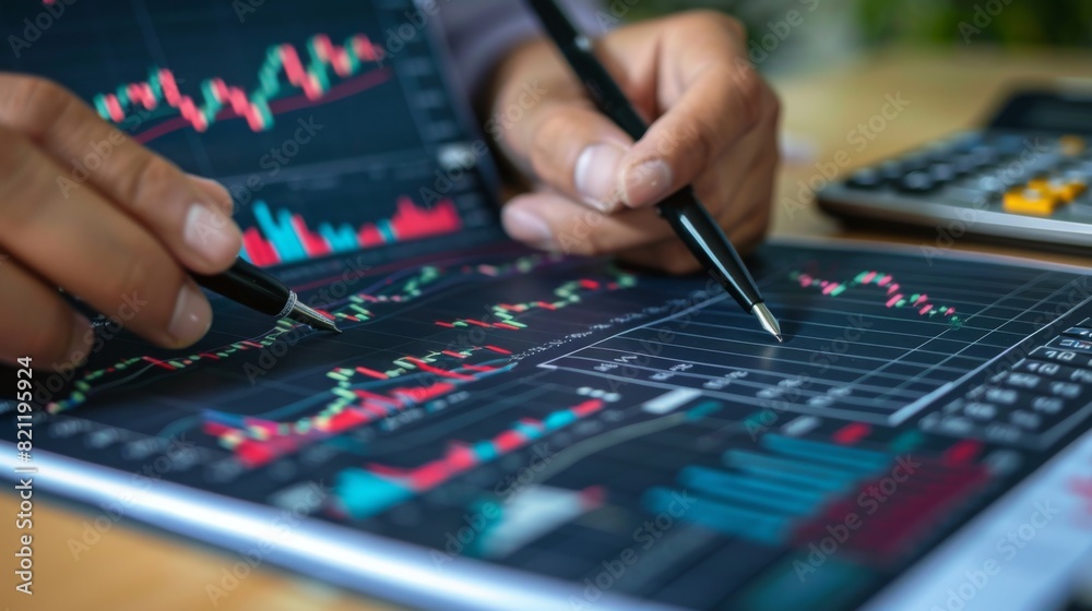 Poster investor reviewing a printed stock chart report with pen and calculator on the desk.