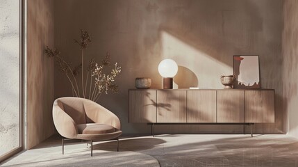Minimalist room featuring a comfortable armchair and elegant sideboard neutral color scheme modern design ambient lighting
