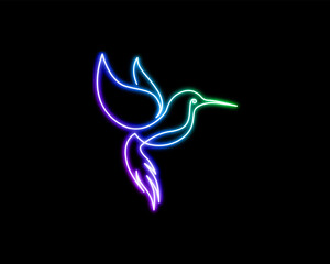 Neon light glow effect of hummingbird in black background. Continuous one line drawing of flying hummingbird.