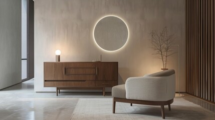 Minimalist interior with a chic armchair and wooden sideboard neutral tones modern design ambient lighting