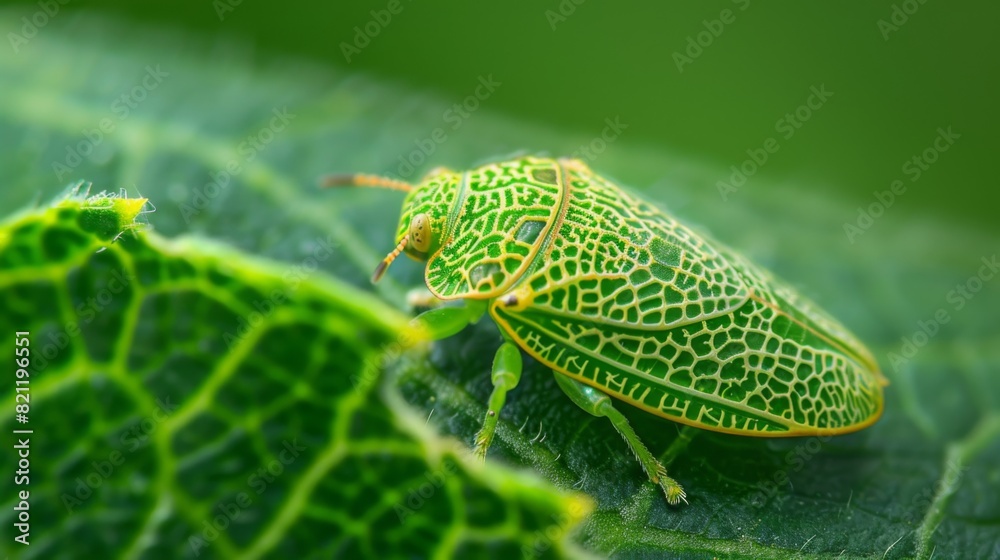 Aufkleber leafhopper insect camouflaged on a leaf with intricate markings.