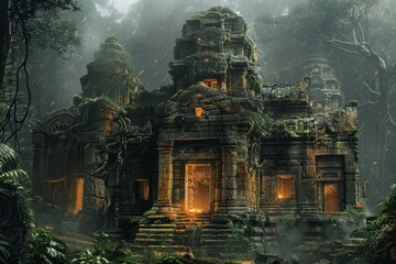 Fototapeta premium Ancient temple ruins enveloped in dense jungle foliage, emanating a mystical, historical aura. Atmospheric and tranquil scene.