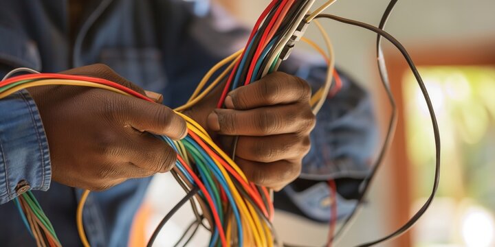 An electrician bundles multi-colored wires during an electrical installation or maintenance project