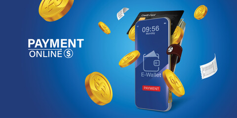 digital wallet application on mobile.Mobile design concept is an online wallet with coins, banknotes and credit cards inside all on blue background.Online digital wallet via smartphone application.
