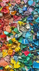 Colorful abstract background of crumpled paper pieces in various shades, creating a vibrant and playful texture full of artistic creativity.
