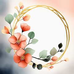  Round frame entwined with peach fuzz linen flowers. Floral background, wedding invitation. Drawing, watercolor
