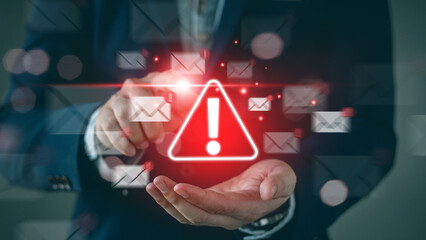 Email inbox alert and spam virus with warning, email security protection alert, new email...