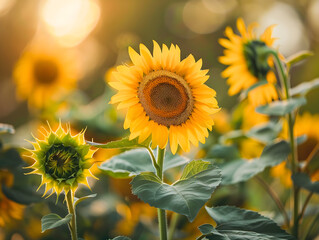 Enchanting Field of Sunflowers in Golden Sunlight: Captivating Fully Bloomed Sunflower with Radiant Yellow Petals and Serene Summer Atmosphere with Lush Greenery - Dreamy Nature for Seasonal Growth