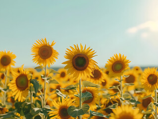 Obraz premium Vibrant Field of Full Bloom Sunflowers Under Clear Blue Sky | Radiant Yellow Petals & Warm Sunlight | Natural Beauty, Depth-of-Field Effect, Serene Landscape, Golden Hues, Green Centers, Seasonal